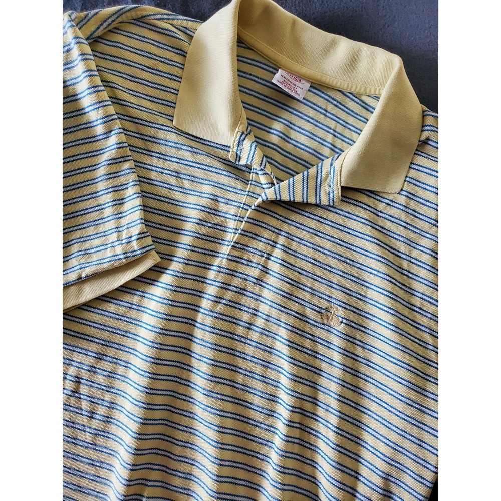 Brooks Brothers Polo Mens L  Yellow Blue White Stripe Short Sleeve Cotton Shirt
